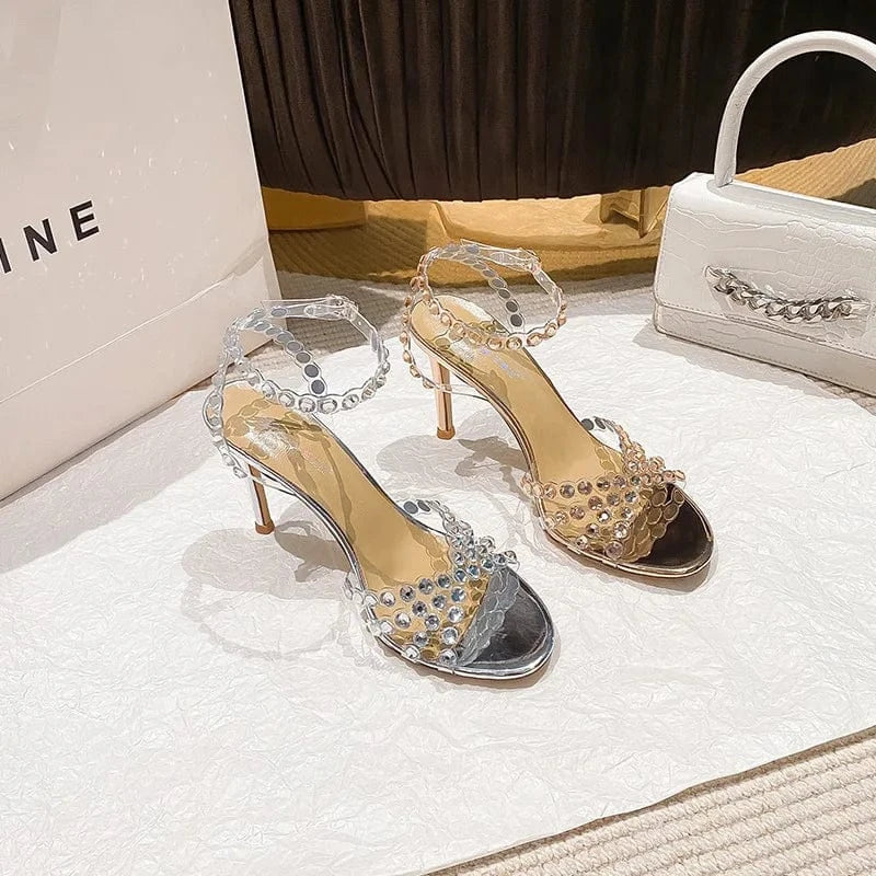 PDEP women heels 2023 luxury  High Quality rhinestone crystal heeled sandals summer ankle strap stiletto thin heels for ladies