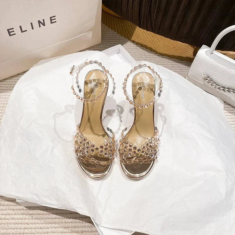 PDEP women heels 2023 luxury  High Quality rhinestone crystal heeled sandals summer ankle strap stiletto thin heels for ladies