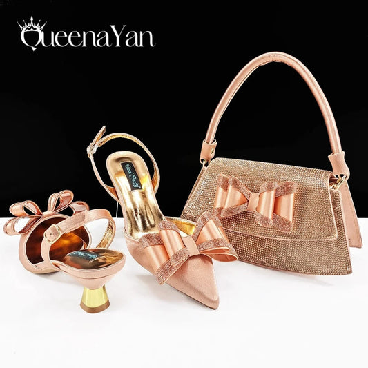 Peach / 41 / CHINA Queena Yan Italian Design High Quality Elegant Butter-fly Design Decoration Peach Color Party Wedding Women Shoes and Bag