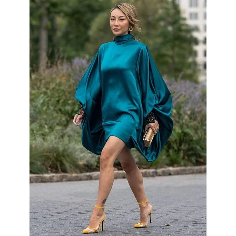 PEACOCK BLUE / One Size 2024 Buttoned Solid Color Batwing Sleeves Spring Loose High-neck Mini Dresses for Going out Urban Original Creation Formal