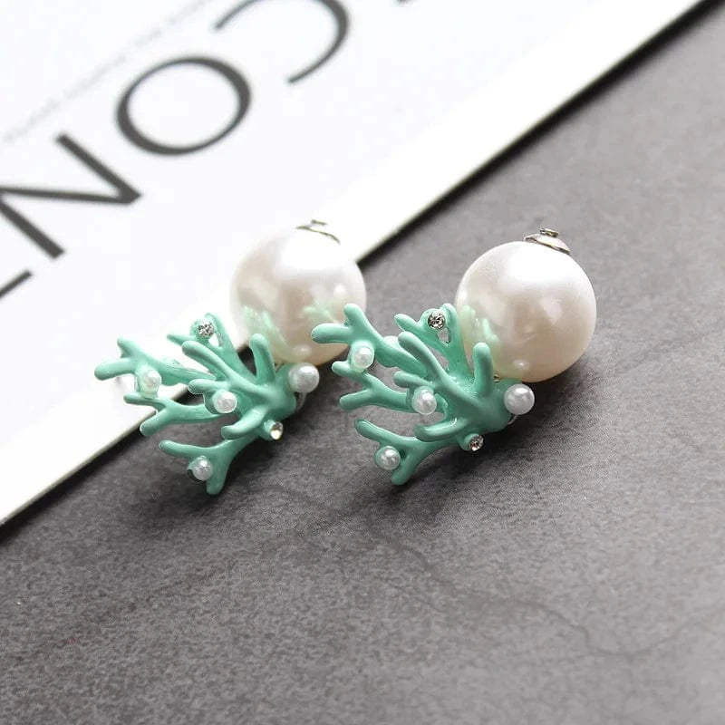 Pearl / Green Lateefah OEM Drop Shipping Colorful Coral Shape Gold Pearl Statement Earrings Jewelry Women