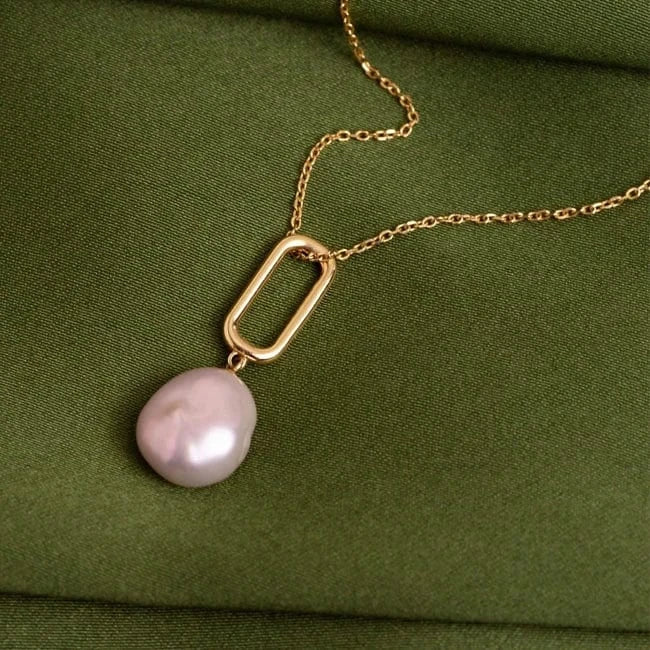 Pearl jewelry / 18inches / Gold Pearl pendent necklace jewelry paperclip Link Chain Fresh water Baroque Big Pearl pendent Stainless Steel 14K Gold Necklaces