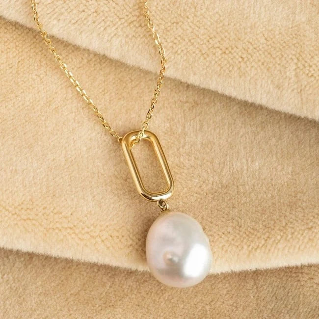 Pearl jewelry / 18inches / Gold Pearl pendent necklace jewelry paperclip Link Chain Fresh water Baroque Big Pearl pendent Stainless Steel 14K Gold Necklaces