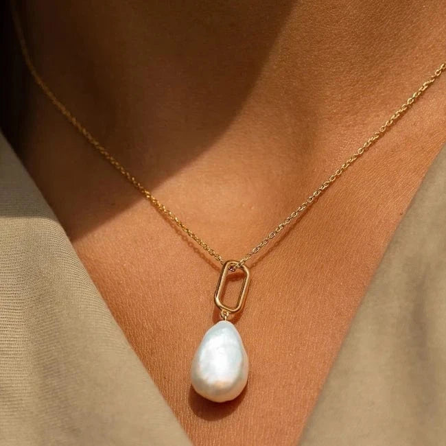Pearl jewelry / 18inches / Gold Pearl pendent necklace jewelry paperclip Link Chain Fresh water Baroque Big Pearl pendent Stainless Steel 14K Gold Necklaces