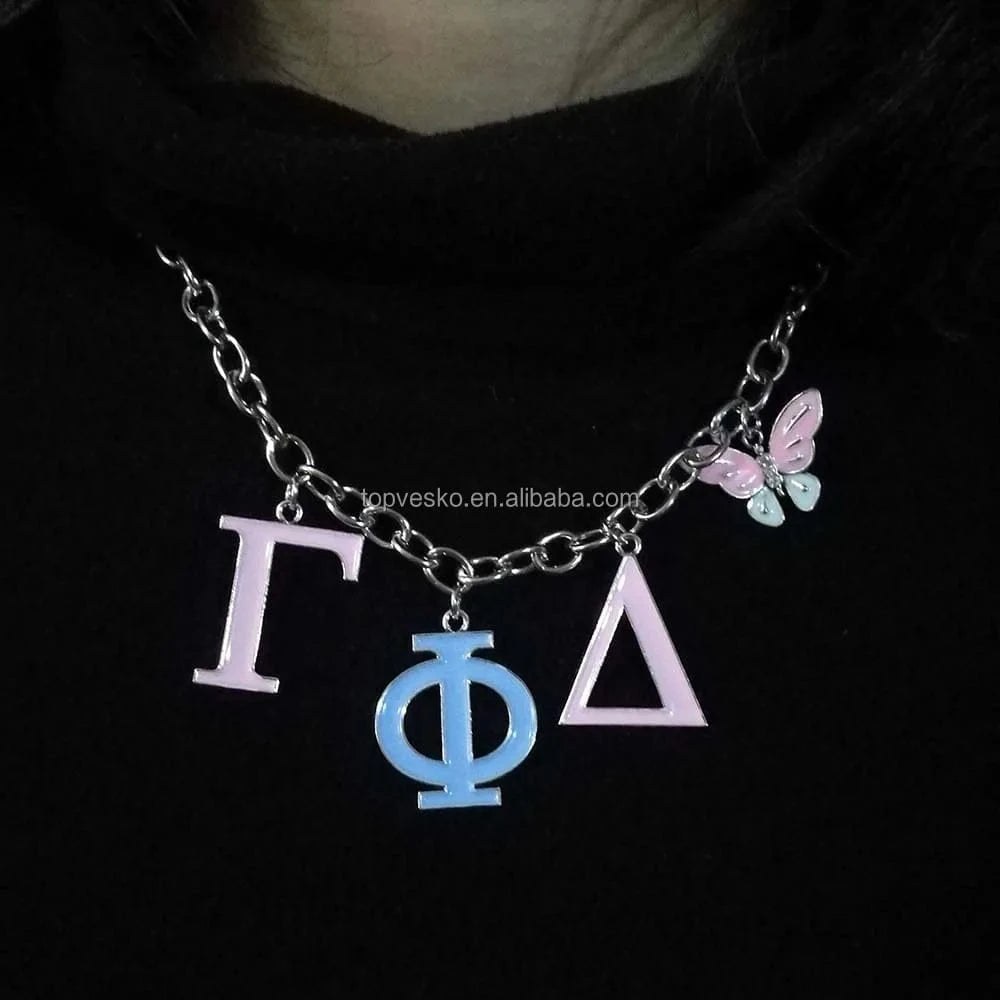 Pendant necklace / 01 Yiwu Factory Wholesale High Quality Greek Sorority Gamma Phi Delta Letter Butterfly Pendant Necklace Women Jewelry