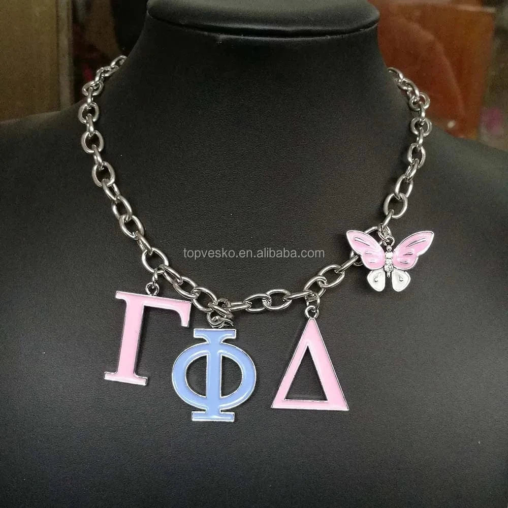 Pendant necklace / 01 Yiwu Factory Wholesale High Quality Greek Sorority Gamma Phi Delta Letter Butterfly Pendant Necklace Women Jewelry