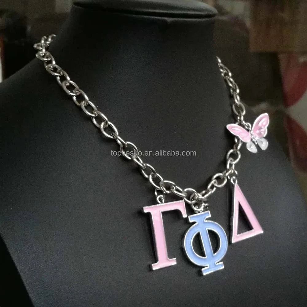 Pendant necklace / 01 Yiwu Factory Wholesale High Quality Greek Sorority Gamma Phi Delta Letter Butterfly Pendant Necklace Women Jewelry