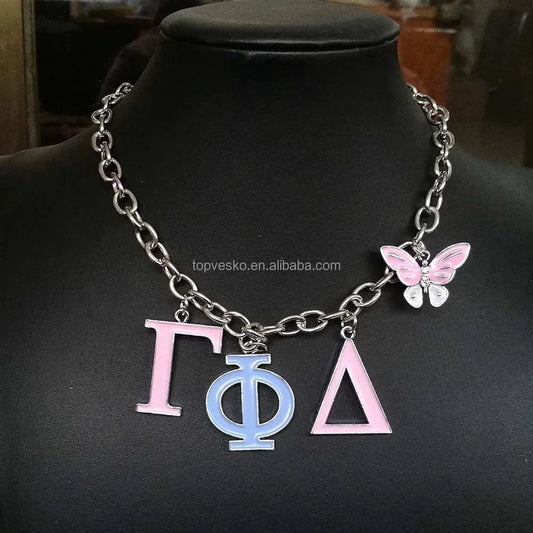 Pendant necklace / 01 Yiwu Factory Wholesale High Quality Greek Sorority Gamma Phi Delta Letter Butterfly Pendant Necklace Women Jewelry