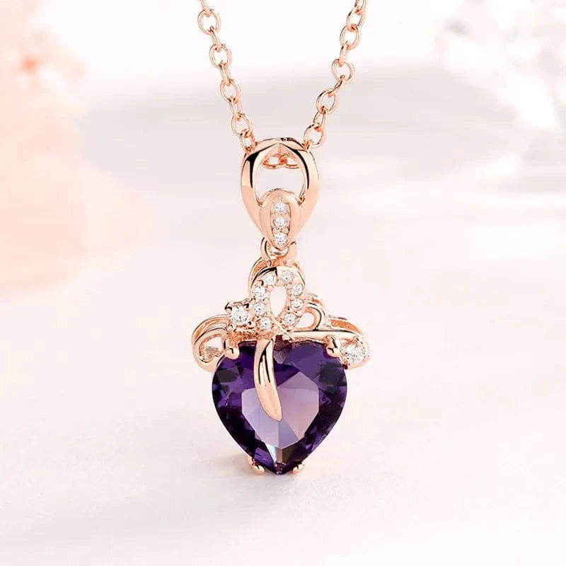 pendant with chain / Purple Drop shipping 14K rose gold color necklace purple heart pendant female gemstone chain jewelry clavicle chalcedony peridot