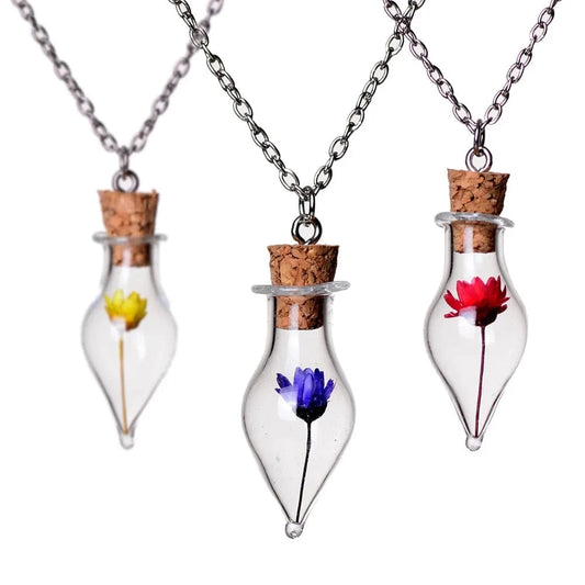 Personal Bubble Glass Wishing Bottle Dried Flower Botanical Pendant Fashion Jewelry Necklaces For Women New Arrival 2023