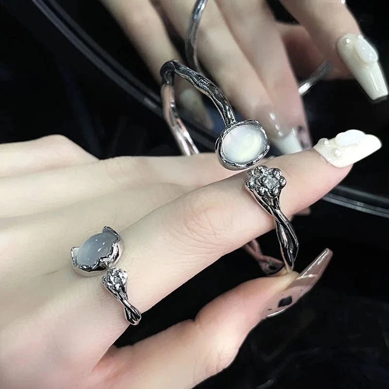 Personalised Bracelet Moonlight Stone Women Fashion Ring Opening French Gemstone Metal Bangle Ring Jewelry
