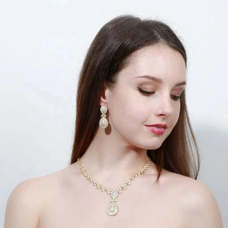 Personality full diamond gold jewelry sets women wedding luxury dangle drop earrings pendant necklace banquet Dubai bridal set