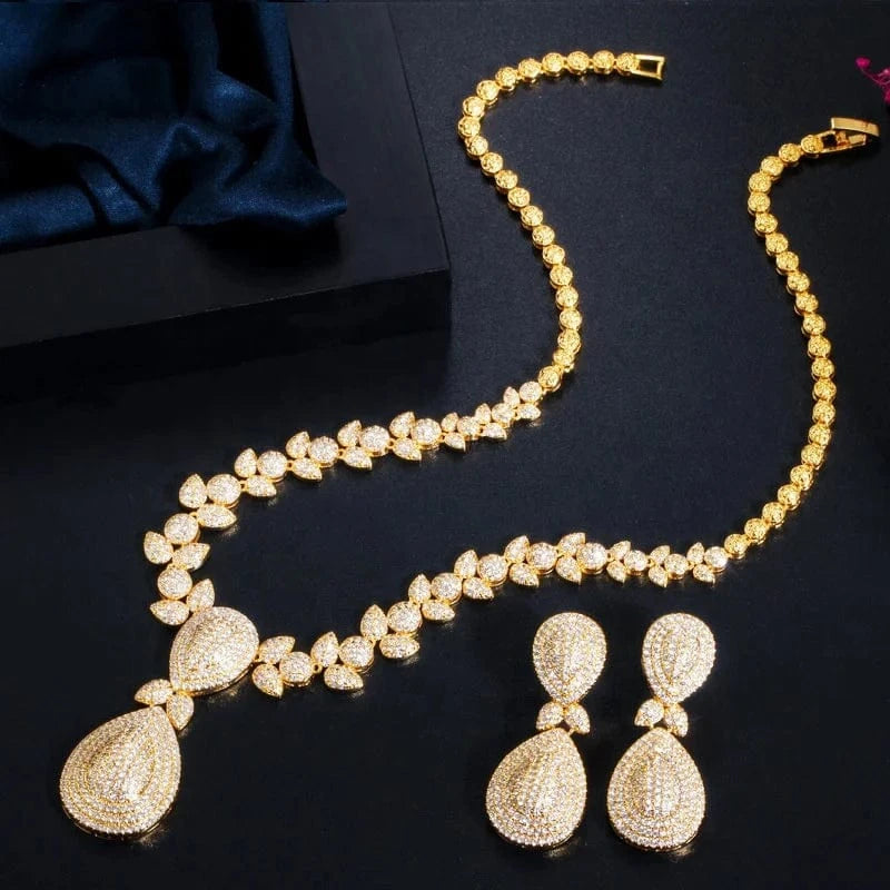 Personality full diamond gold jewelry sets women wedding luxury dangle drop earrings pendant necklace banquet Dubai bridal set