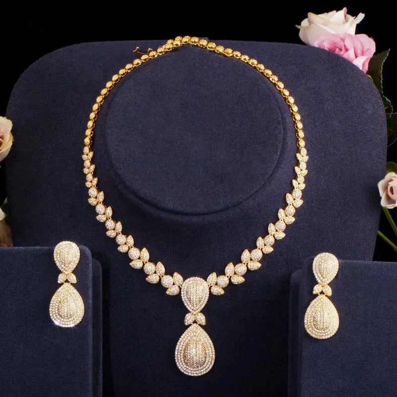 Personality full diamond gold jewelry sets women wedding luxury dangle drop earrings pendant necklace banquet Dubai bridal set
