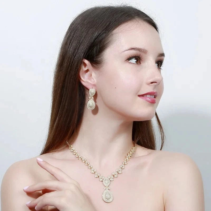 Personality full diamond gold jewelry sets women wedding luxury dangle drop earrings pendant necklace banquet Dubai bridal set