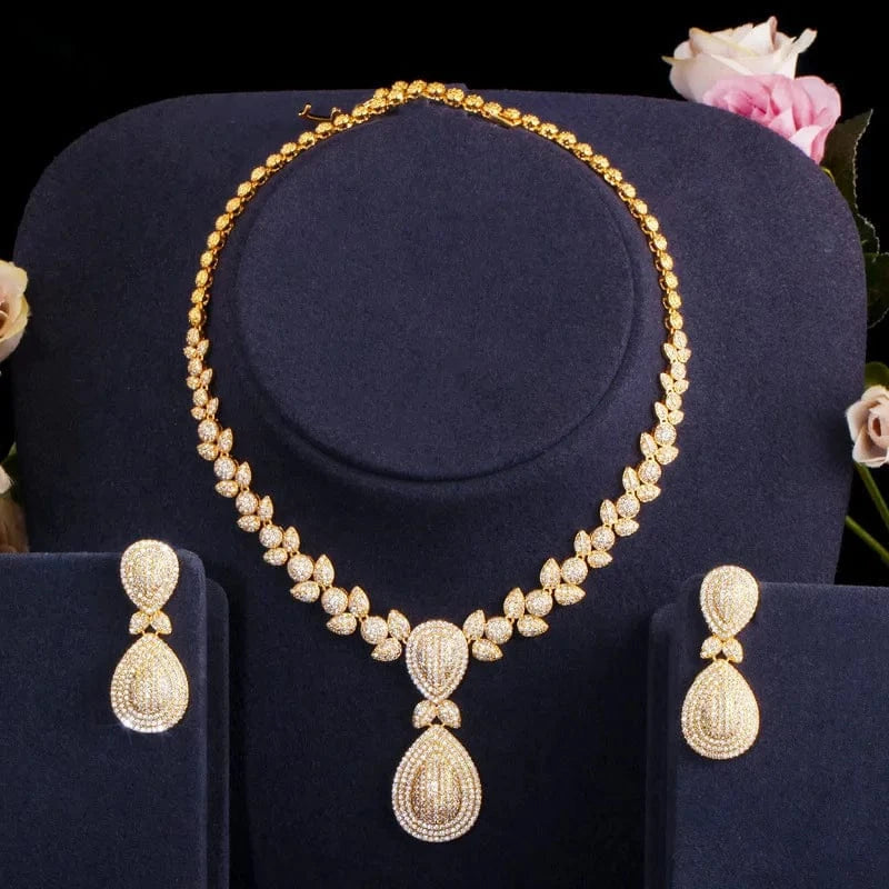 Personality full diamond gold jewelry sets women wedding luxury dangle drop earrings pendant necklace banquet Dubai bridal set