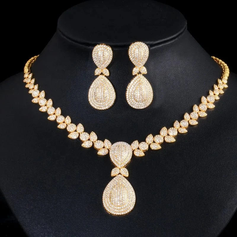 Personality full diamond gold jewelry sets women wedding luxury dangle drop earrings pendant necklace banquet Dubai bridal set