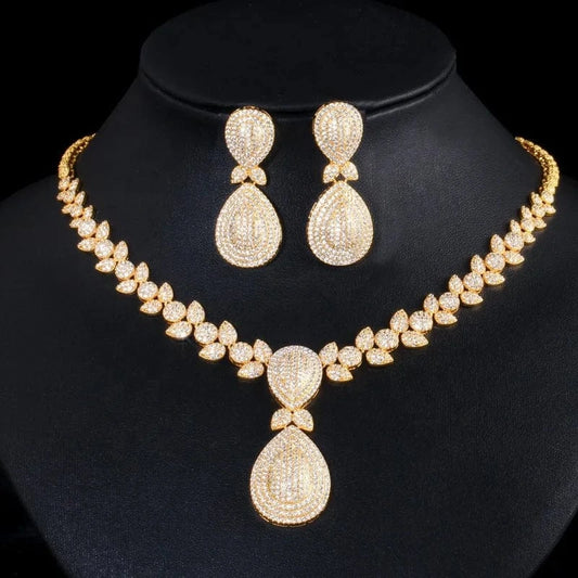 Personality full diamond gold jewelry sets women wedding luxury dangle drop earrings pendant necklace banquet Dubai bridal set