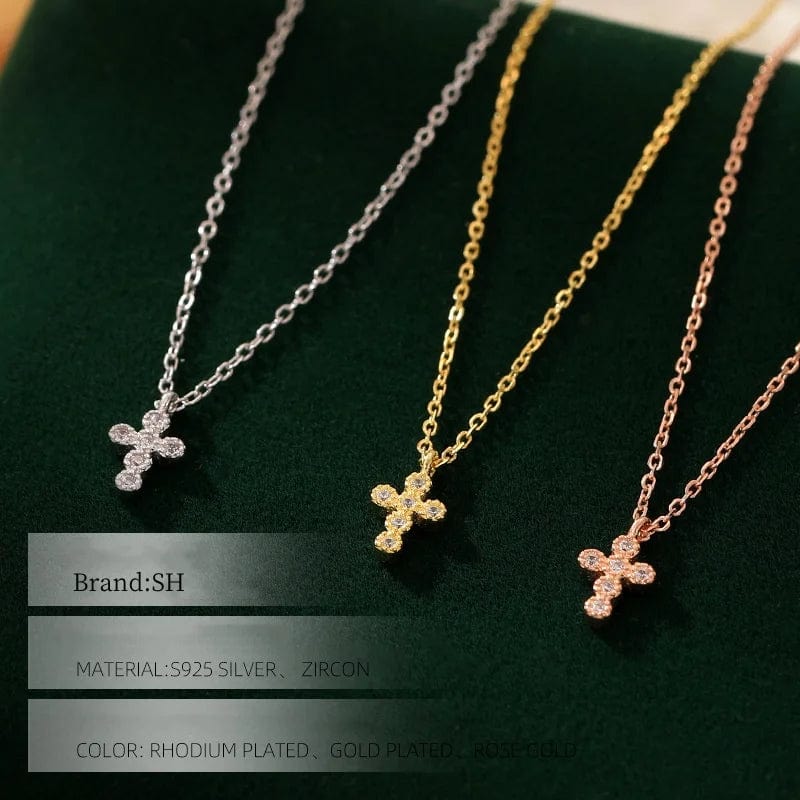 Personality Gold Plated S925 Sterling Silver Mini Cross Necklace Women's Collarbone Chain Fine Jewelry Necklace