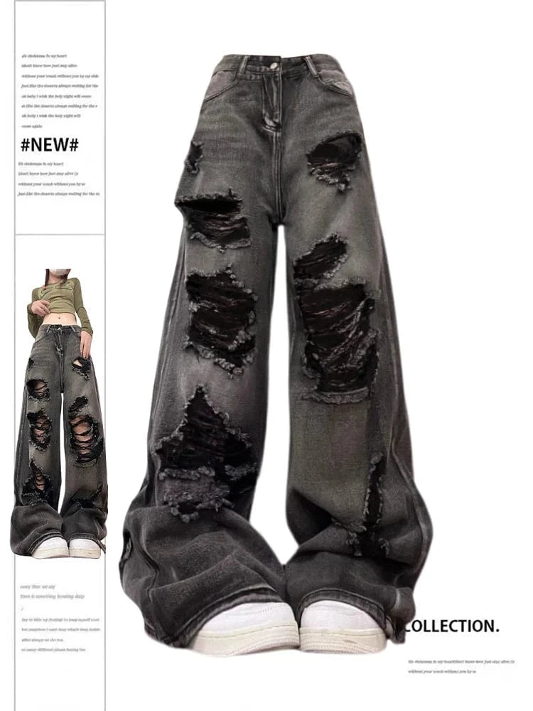 Picture Color / S Women's Ripped Jeans Baggy Vintage Aesthetic Streetwear Cowboy Pants Harajuku Oversize Denim Trousers Y2k 2000s Trashy Clothes