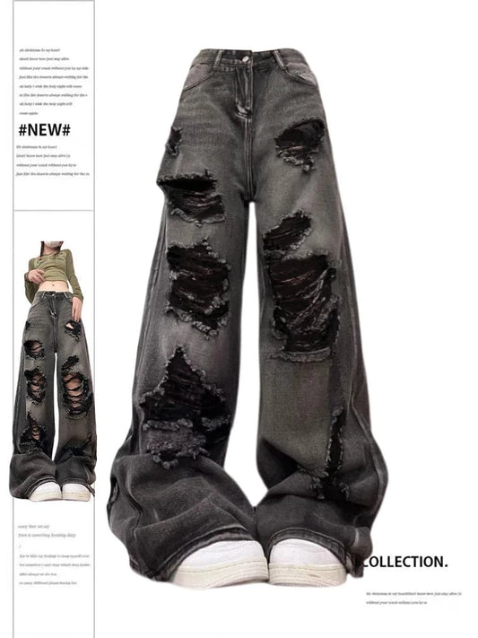 Picture Color / S Women's Ripped Jeans Baggy Vintage Aesthetic Streetwear Cowboy Pants Harajuku Oversize Denim Trousers Y2k 2000s Trashy Clothes