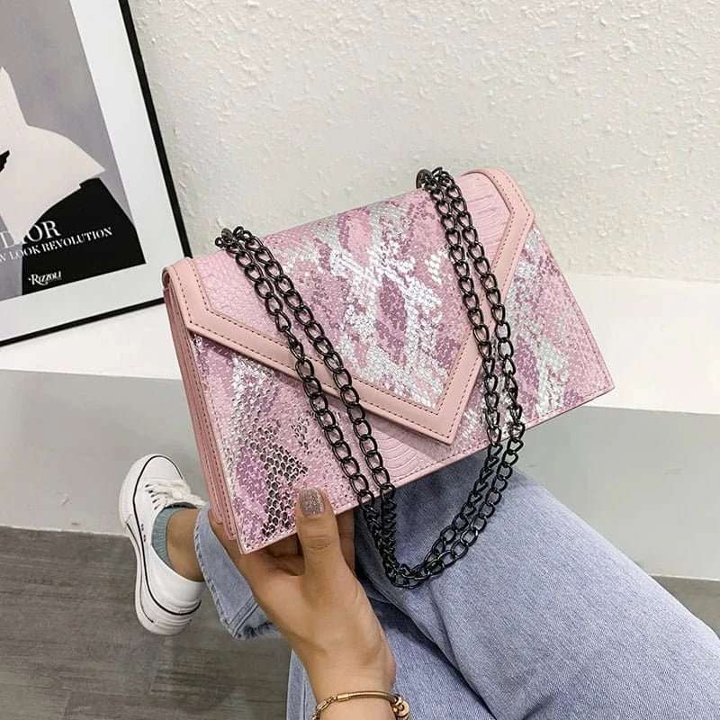 pink 2024 New Fashion Girls Snake Skin Luxury Hand Bags Woman Chain Shoulder Purses Ladies Cute Handbags