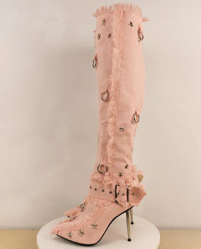 pink / 35 / CHINA Fringe Belt Buckle Boots Knee High Stars Pointed Toe Thin Heels Solid Color Fashion Concise Novelty Sexy Party Women Shoes New