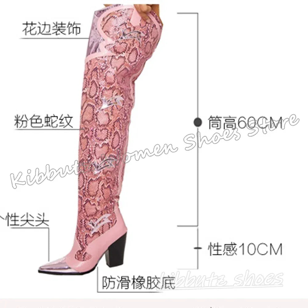 pink / 42 / CHINA Embroidery Over The Knee Boots Cowboy Slip-On Pointy Chunky Heels Mixed Color Fashion Elegant Concise Novelty Women Shoes Newest