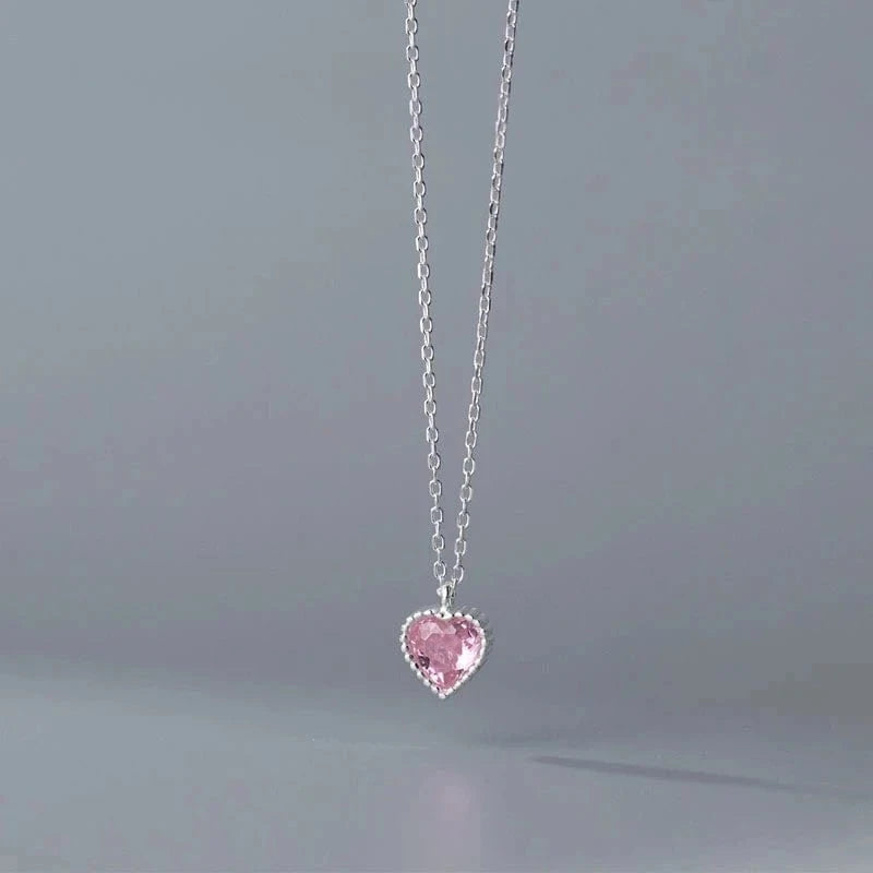 Pink Beautiful Jewelry AAA CZ Zircon Heart Pendant Necklaces Women 925 Sterling Silver Jewelry