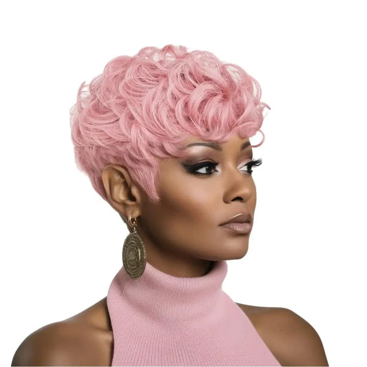 Pink Black women's short wig delicately cut wig Black women's short curly hair natural wave layering replacement wig, wig with bangs