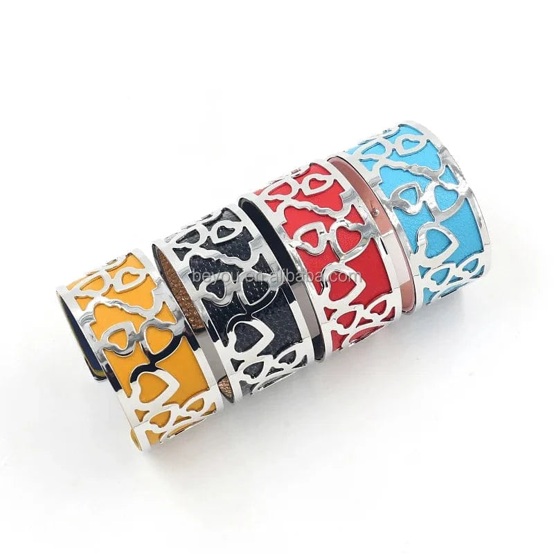 Pink Blue Red Black Blue Yellow Popular Jewelry C-shaped Opening Metal Hollow Double-sided PU Leather Wide Bracelet for women