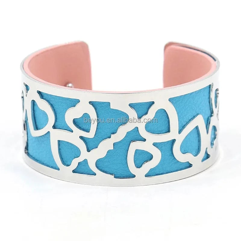 Pink Blue Red Black Blue Yellow Popular Jewelry C-shaped Opening Metal Hollow Double-sided PU Leather Wide Bracelet for women