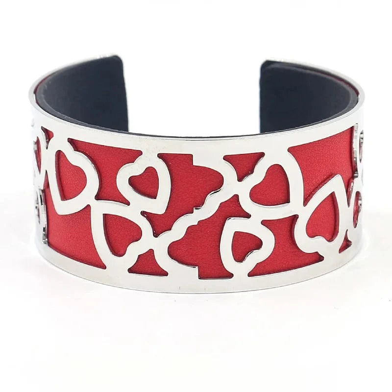 Pink Blue Red Black Blue Yellow Popular Jewelry C-shaped Opening Metal Hollow Double-sided PU Leather Wide Bracelet for women