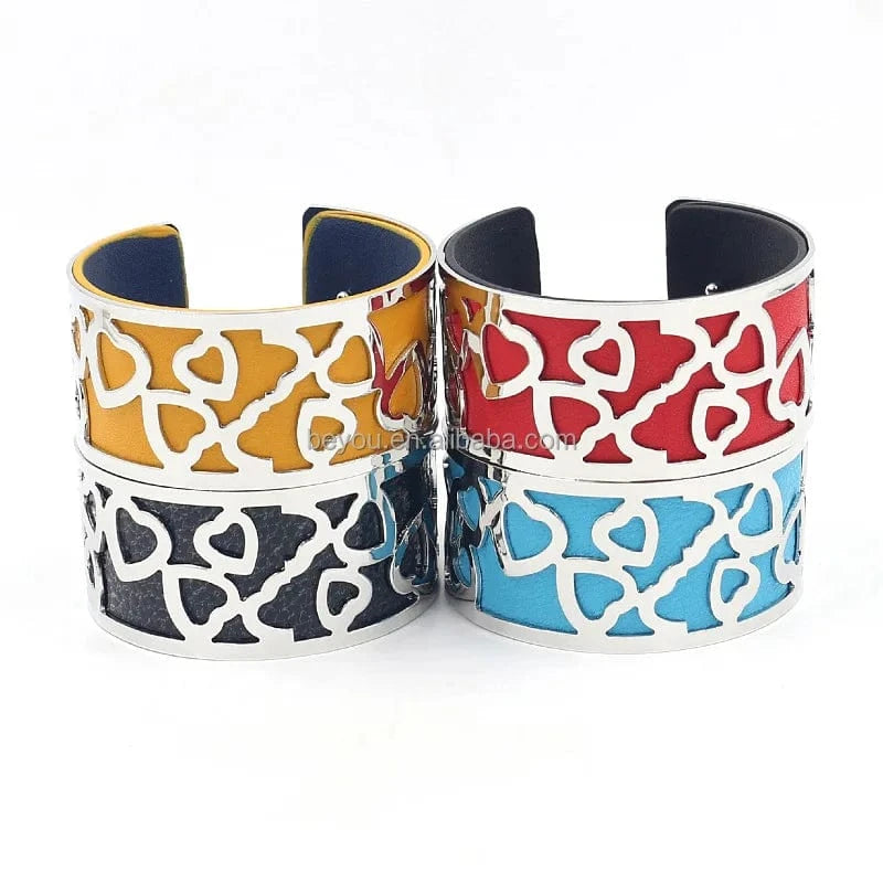 Pink Blue Red Black Blue Yellow Popular Jewelry C-shaped Opening Metal Hollow Double-sided PU Leather Wide Bracelet for women