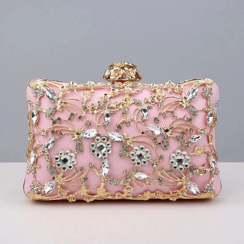 Pink Chain Bride Clutch Purse for Women Luxury Wedding Prom Party Rhinestone Evening Bag Women