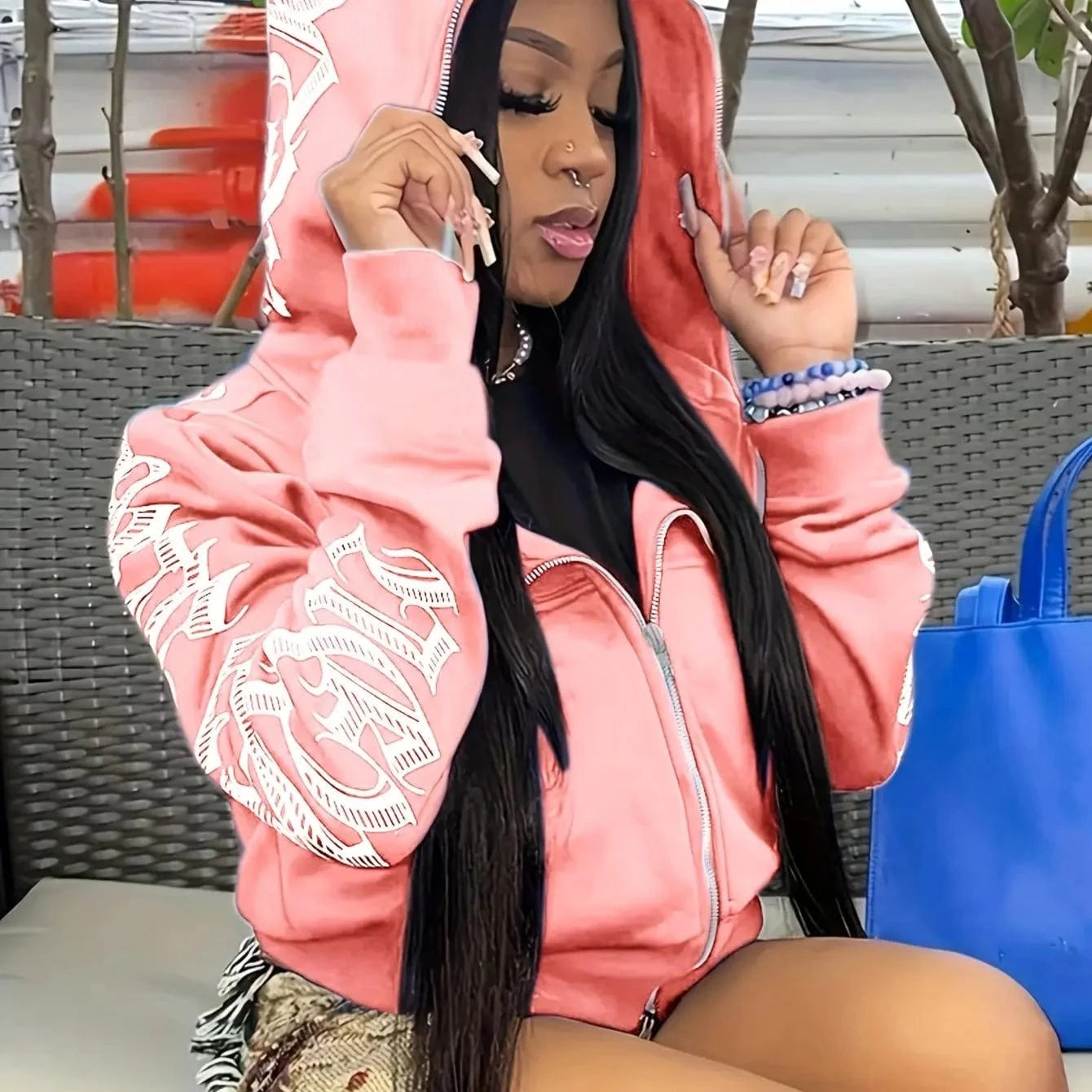 Pink Color / XS Letter Print Long Sleeve Zip Up Hoodies, Cyber Y2K Gothic Punk Sweatshirt, Women's Clothing