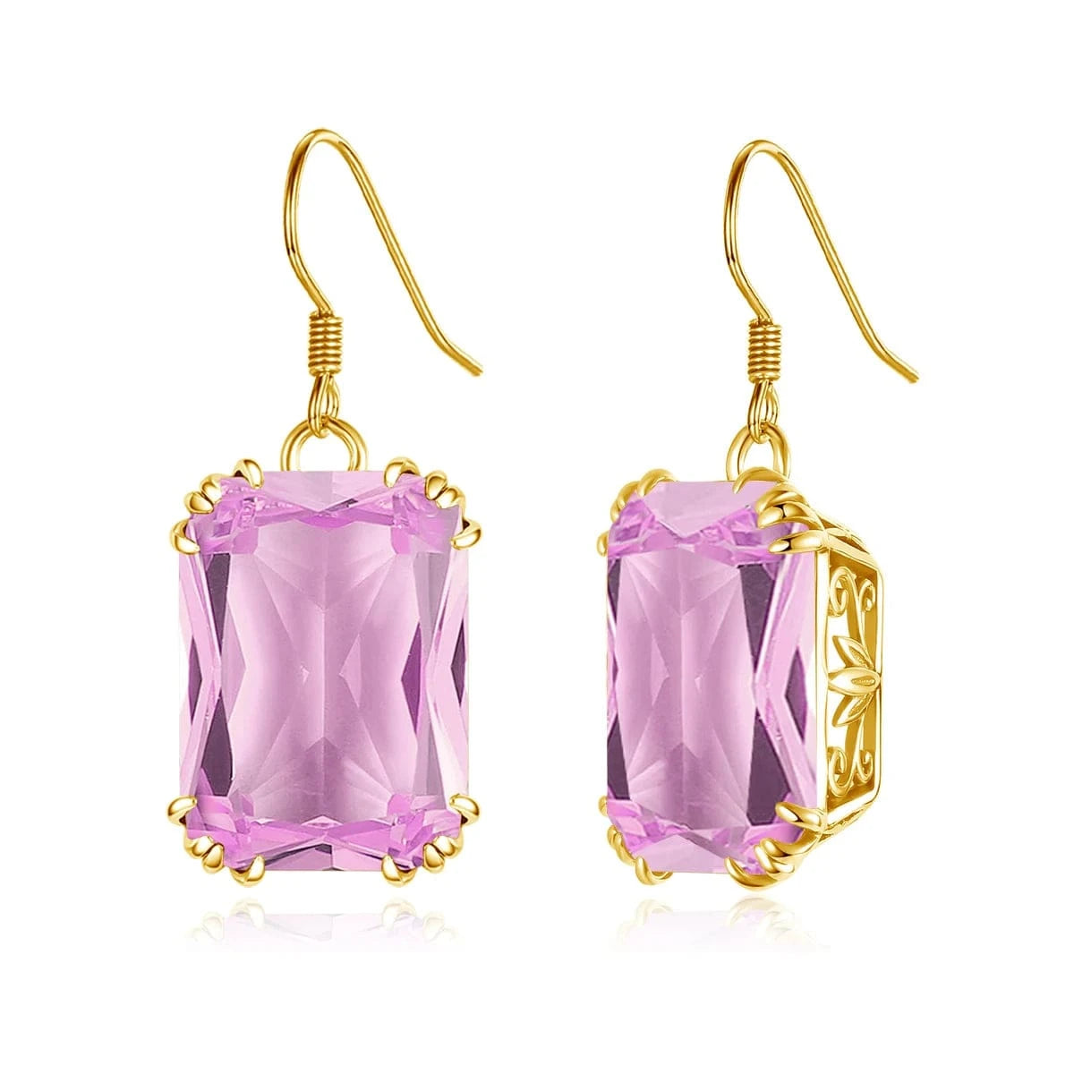 Pink Crystal Handmade 18K Gold Square Amethyst Earrings  Women Wedding Party  Real Pure 925 Sterling Silver long earrings jewelry