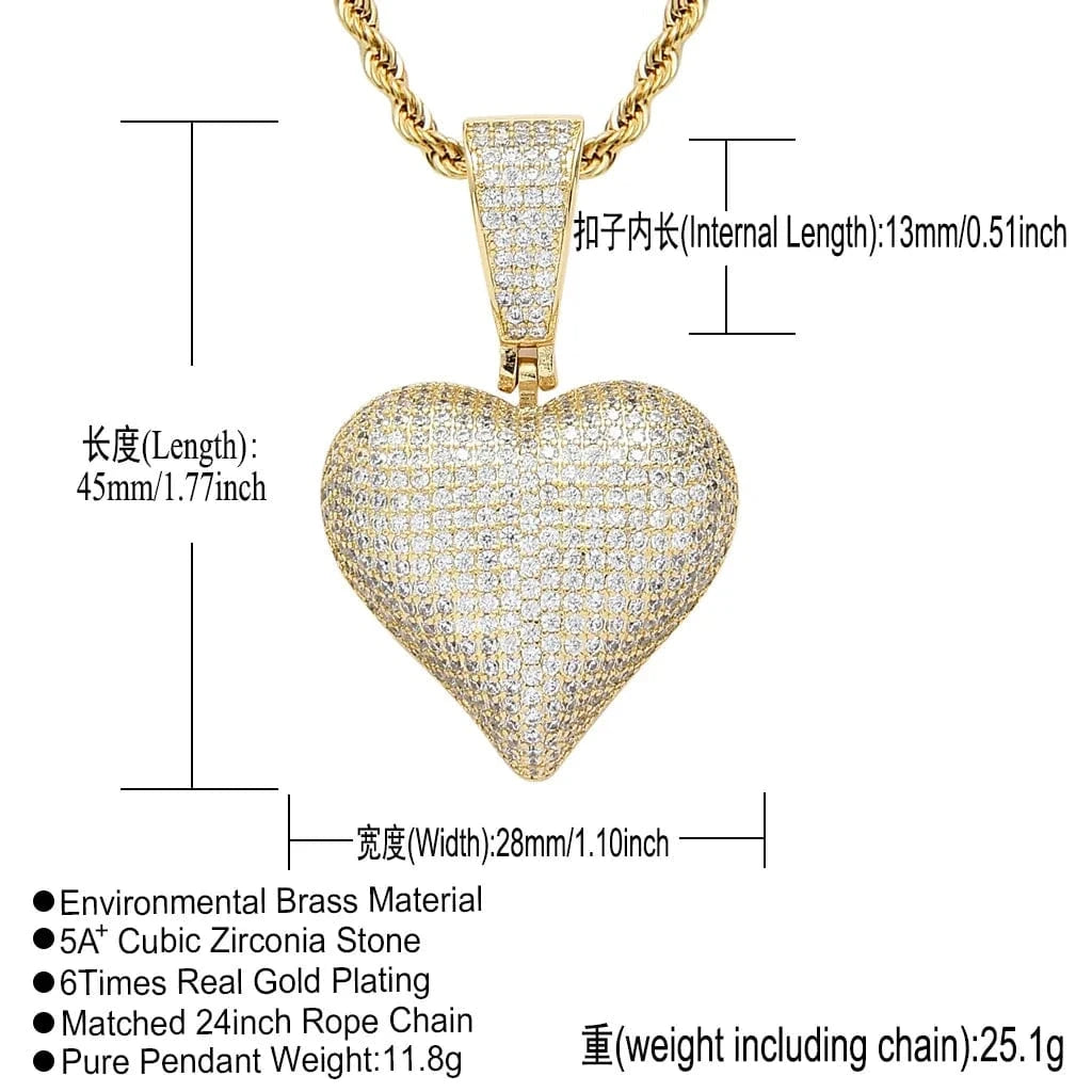 Pink CZ Heart Pendant Necklace 18K Gold Plated Ready to Ship Bling Rapper Necklace Women Jewelry