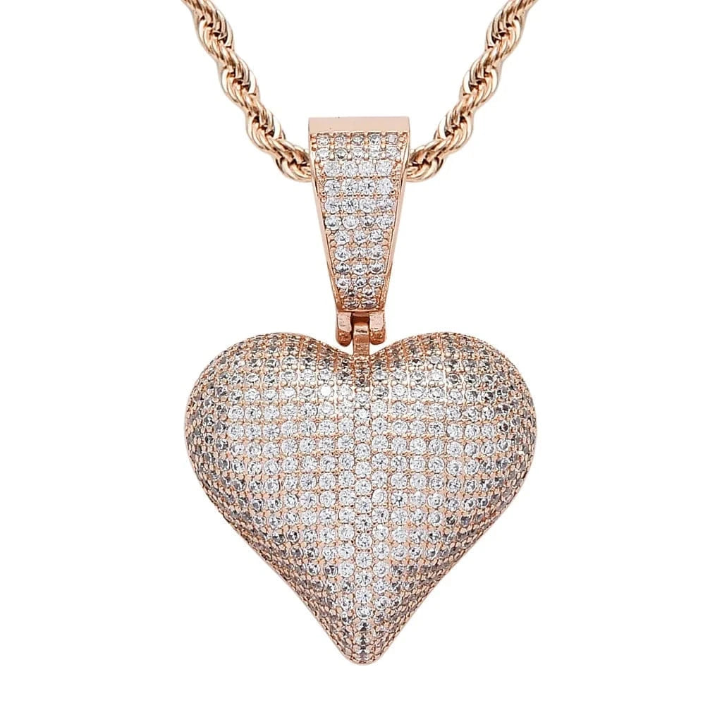 Pink CZ Heart Pendant Necklace 18K Gold Plated Ready to Ship Bling Rapper Necklace Women Jewelry