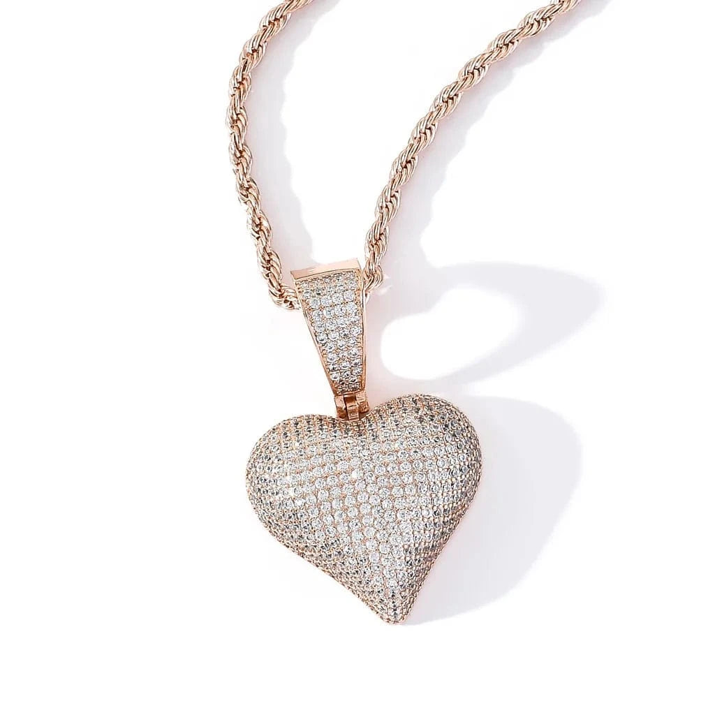 Pink CZ Heart Pendant Necklace 18K Gold Plated Ready to Ship Bling Rapper Necklace Women Jewelry