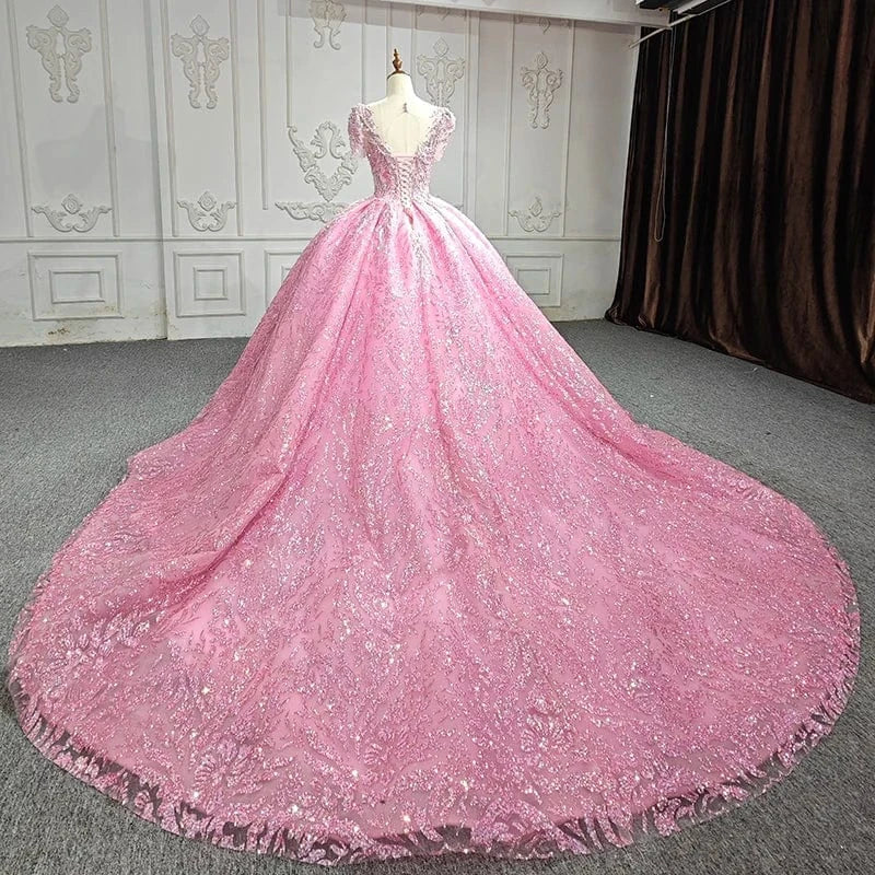 Pink Floral Appliques Lace Quinceanera Dresses Ball Gown Beading Sweet 15 Party 6612