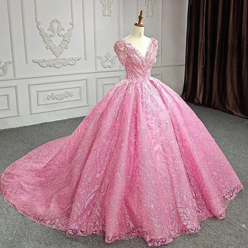 Pink Floral Appliques Lace Quinceanera Dresses Ball Gown Beading Sweet 15 Party 6612