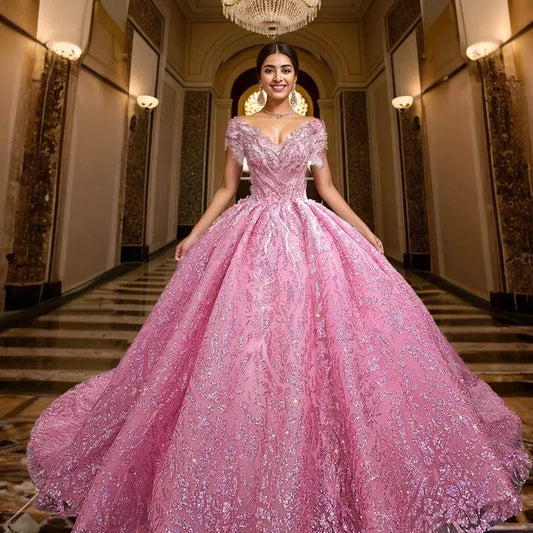 Pink Floral Appliques Lace Quinceanera Dresses Ball Gown Beading Sweet 15 Party 6612