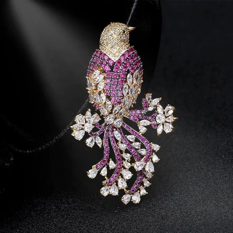 Pink / Gold Plated Wholesale luxury womens micro paved zircon pink bird decorative jewelry designer  brooches women
