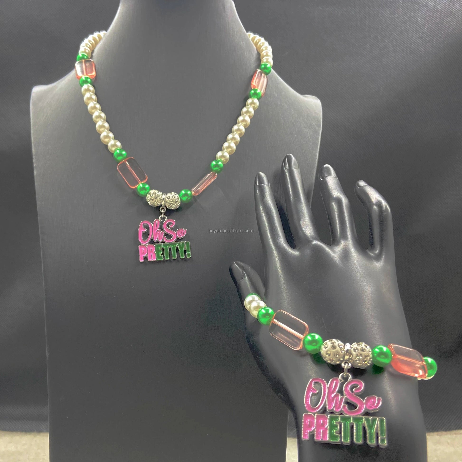 Pink Green Fashion Jewelry Necklace Bracelet Sets White Pearl Bead Enamel Letter Pendant Chain Choker for Women In Stock
