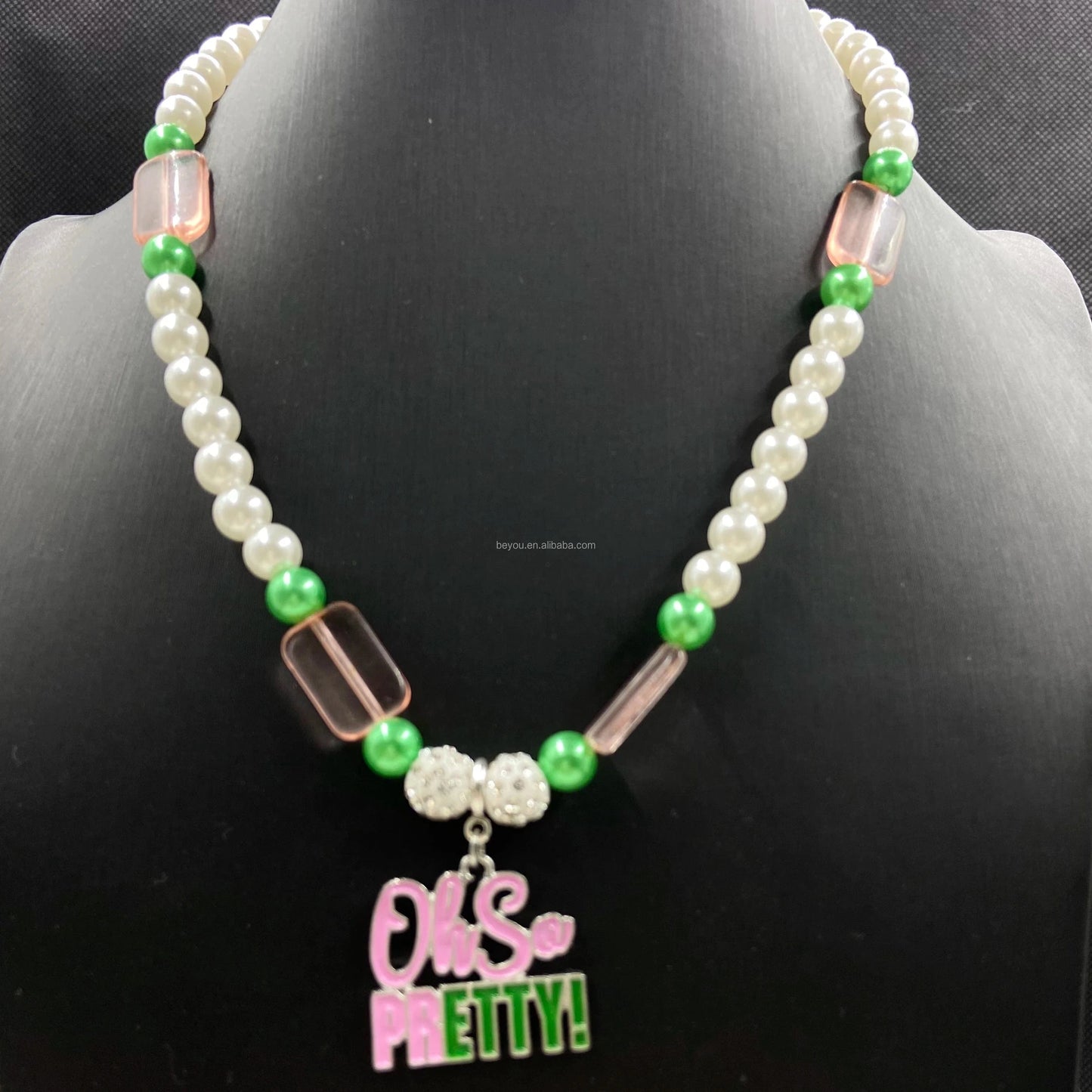 Pink Green Fashion Jewelry Necklace Bracelet Sets White Pearl Bead Enamel Letter Pendant Chain Choker for Women In Stock