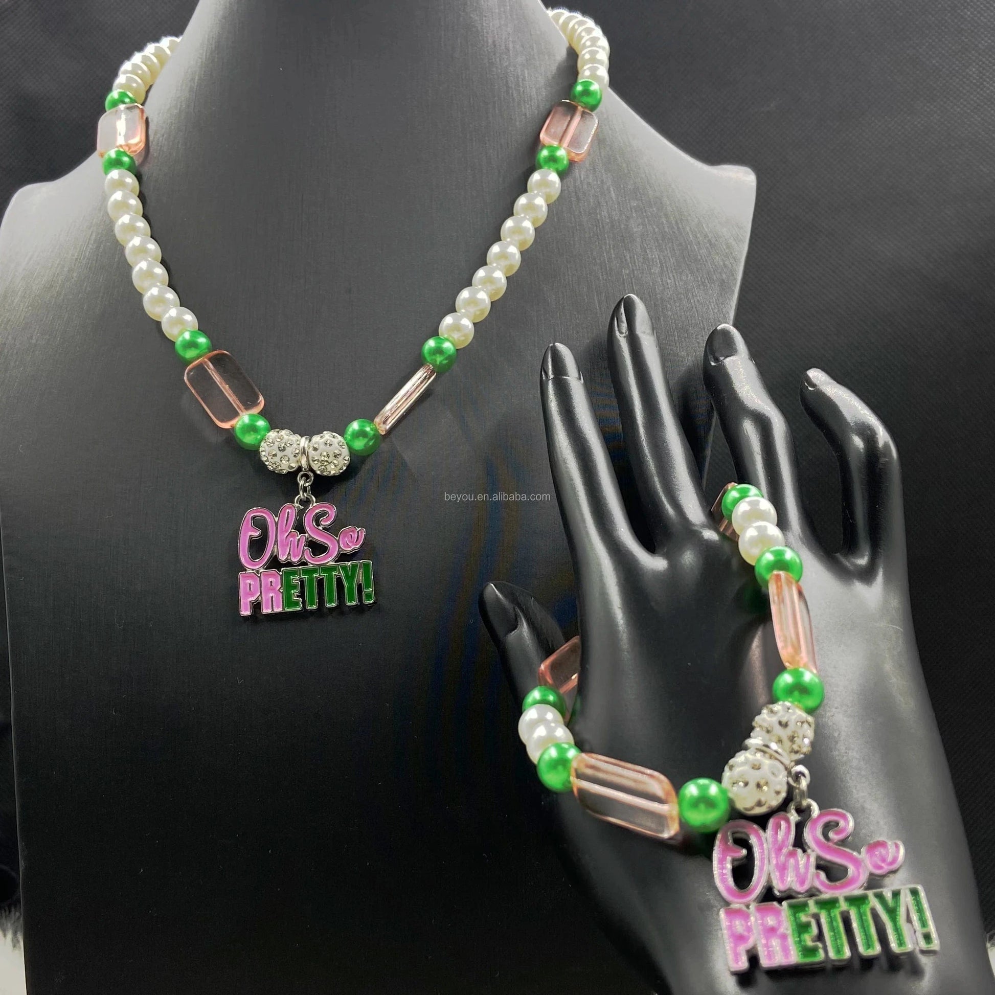 Pink Green Fashion Jewelry Necklace Bracelet Sets White Pearl Bead Enamel Letter Pendant Chain Choker for Women In Stock