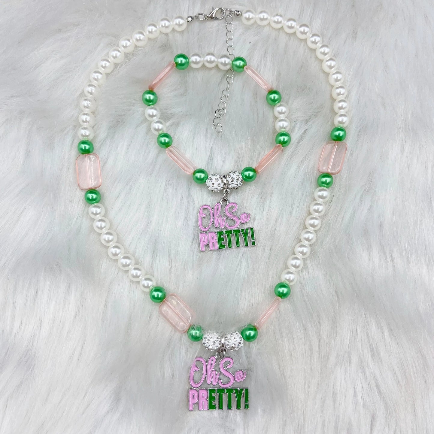 Pink Green Fashion Jewelry Necklace Bracelet Sets White Pearl Bead Enamel Letter Pendant Chain Choker for Women In Stock
