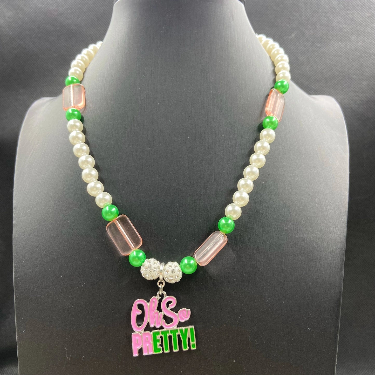 Pink Green Fashion Jewelry Necklace Bracelet Sets White Pearl Bead Enamel Letter Pendant Chain Choker for Women In Stock