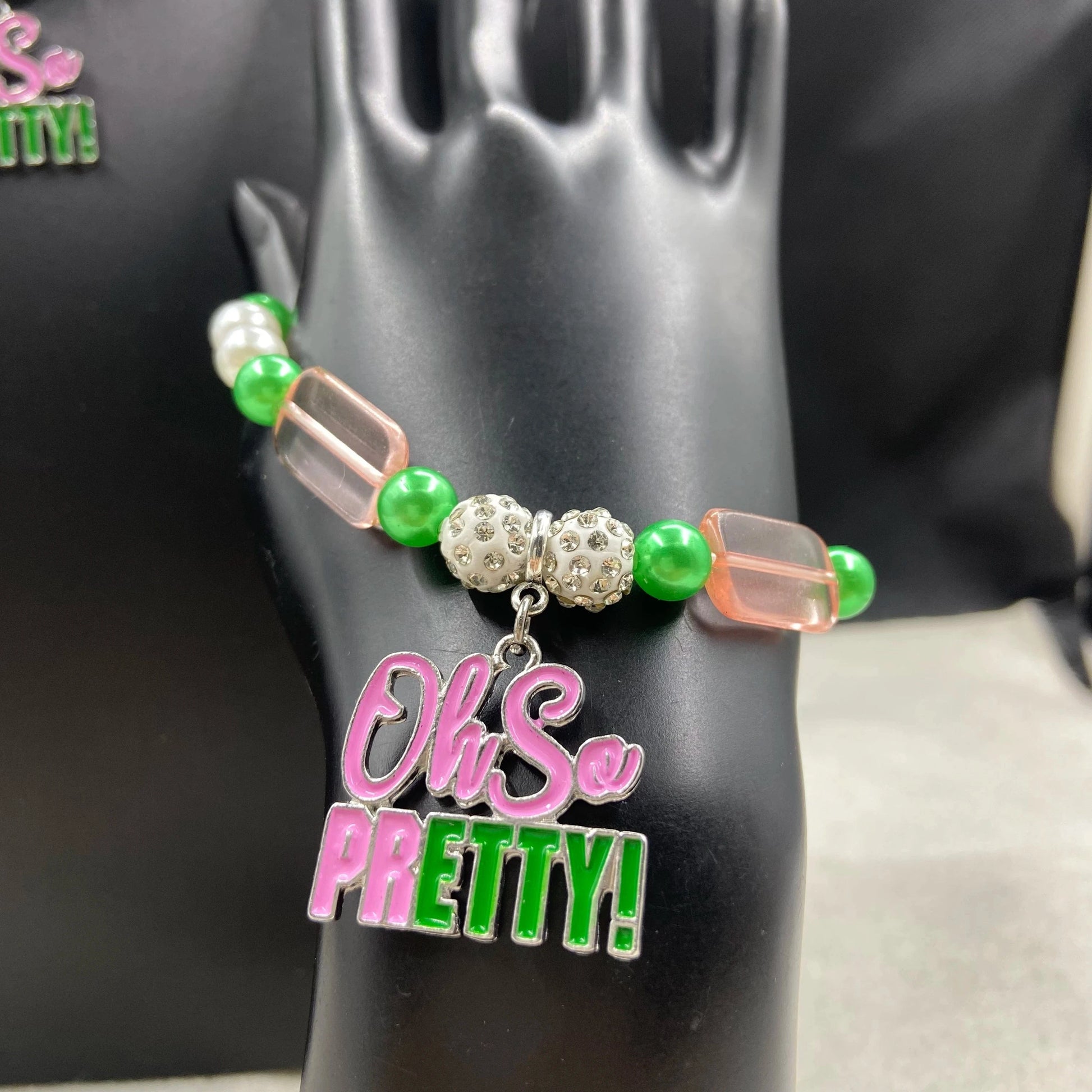 Pink Green Fashion Jewelry Necklace Bracelet Sets White Pearl Bead Enamel Letter Pendant Chain Choker for Women In Stock